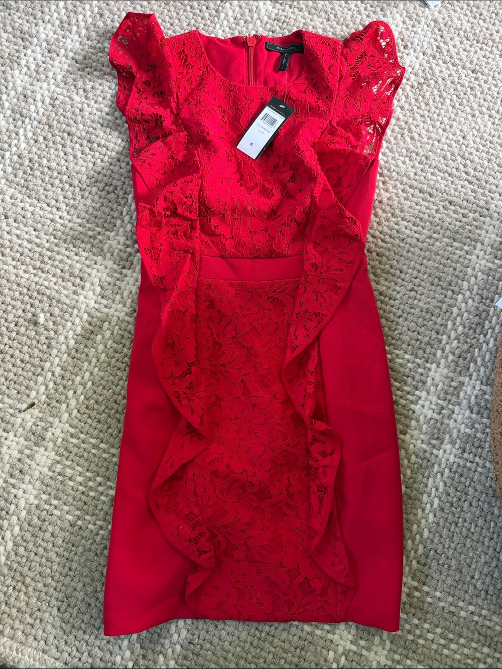 BCBGMaxAzria Red Lace Ruffle Midi Dress
